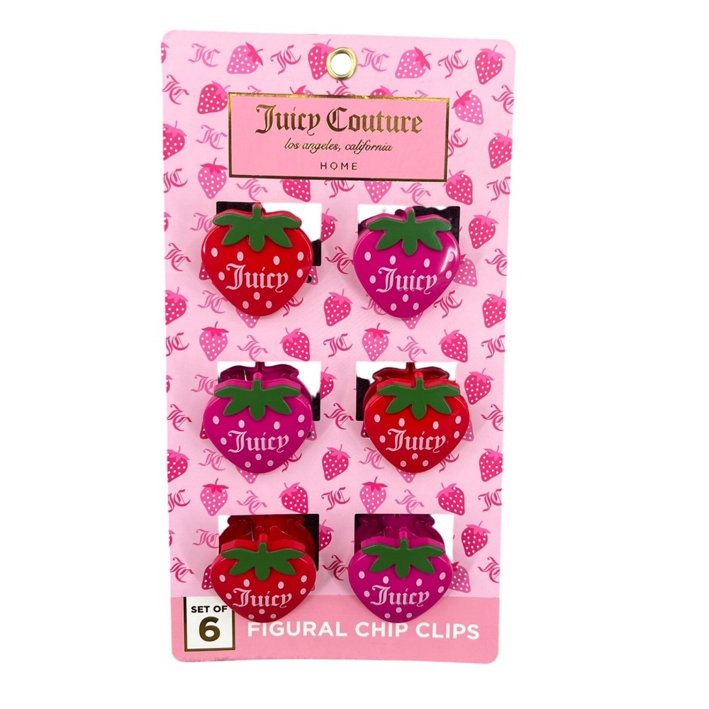 Juicy Couture Strawberry Chip Clips Set of 6 Pink Red Kitchen Clips NWT Cute